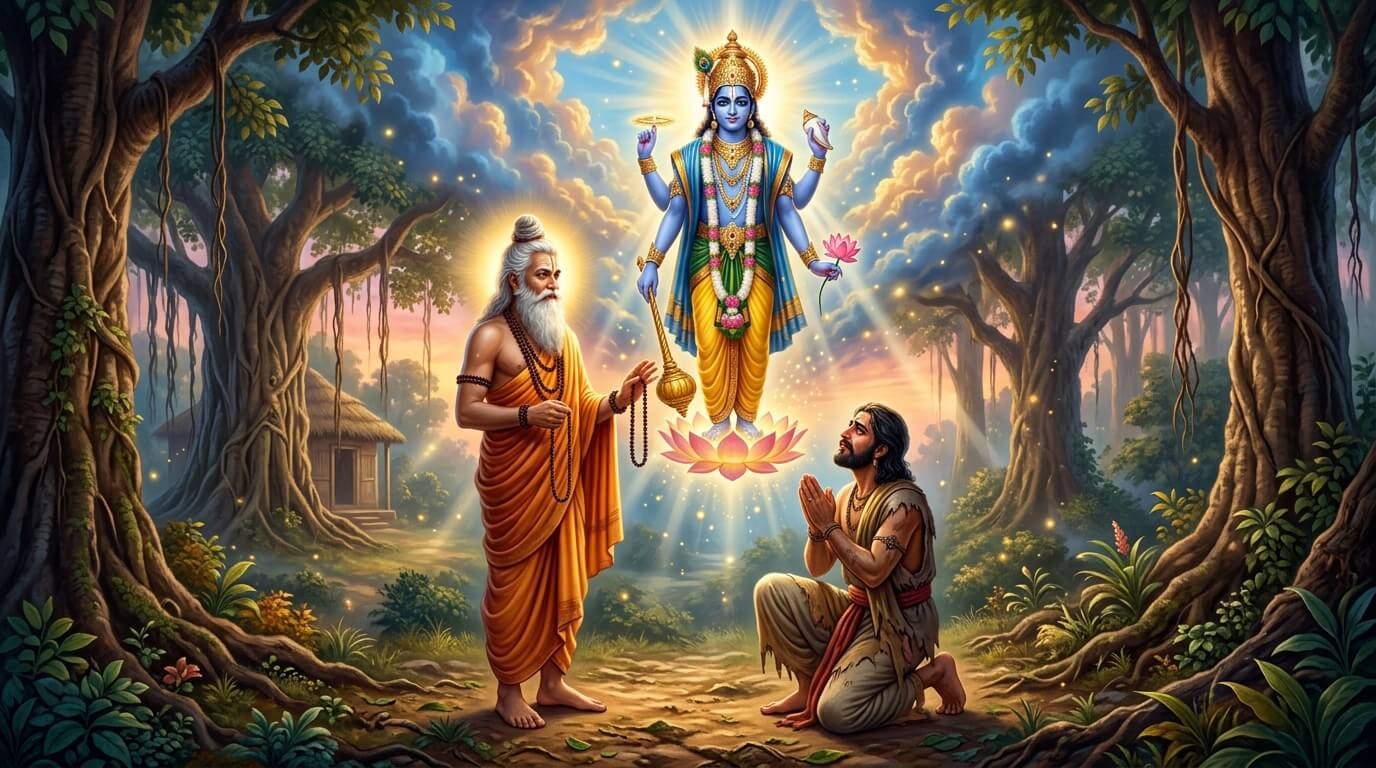 अजा एकादशी व्रत कथा - मुनि गौतम और राजा हरिश्चंद्र का संवाद मुनि गौतम राजा हरिश्चंद्र को अजा एकादशी का व्रत बताते हुए, ऊपर भगवान विष्णु का दिव्य दर्शन, व्रत कथा चित्र