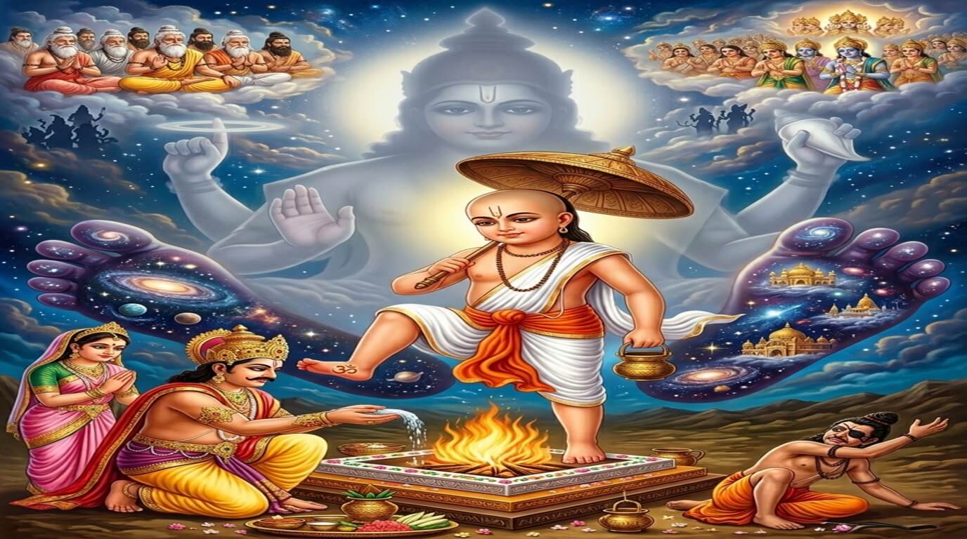 देवशयनी एकादशी व्रत कथा - भगवान वामन और राजा बलि का संवाद भगवान विष्णु वामन रूप में राजा बलि के सामने तीन पग भूमि मांगते हुए, देवशयनी एकादशी व्रत कथा चित्र