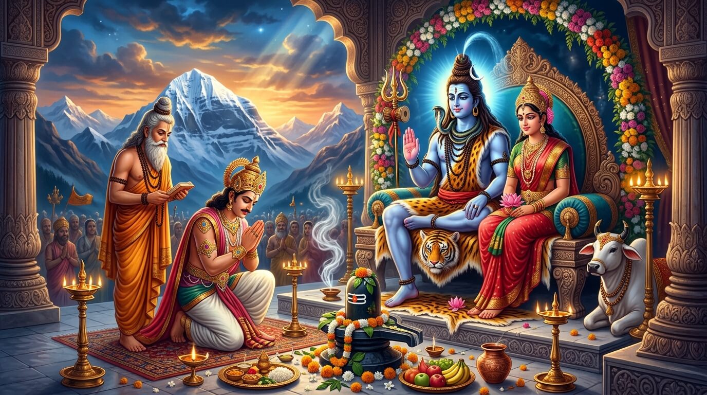 गुरु प्रदोष व्रत कथा - इंद्र को बृहस्पति का मार्गदर्शन और शिव कृपा इंद्रदेव गुरु बृहस्पति के साथ शिव-पार्वती के सामने गुरु प्रदोष व्रत करते हुए - कथा दृश्य