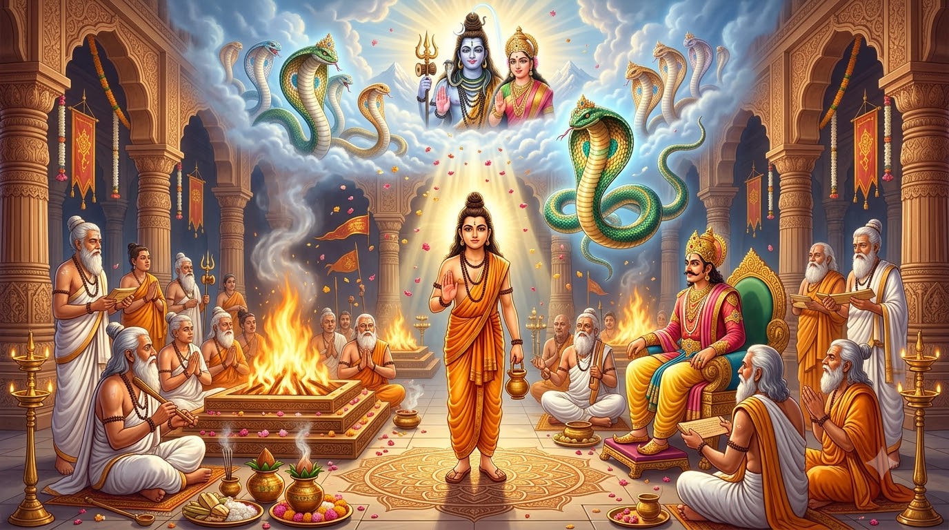 नाग पंचमी व्रत कथा: बालक आस्तीक राजा जनमेजय के सर्प यज्ञ को रुकवाकर नागराज तक्षक और समस्त नाग जाति की रक्षा करते हुए