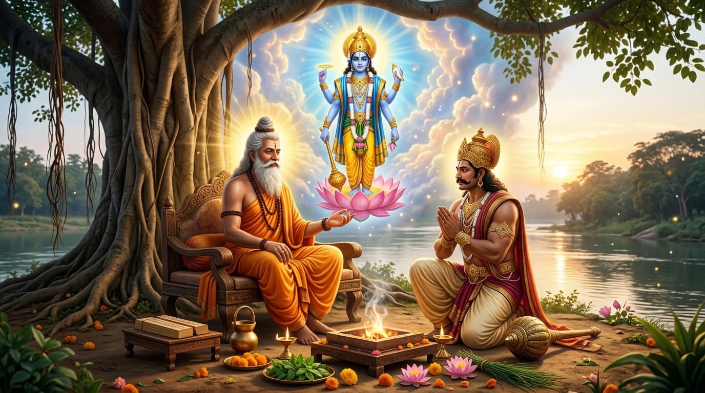 निर्जला एकादशी व्रत कथा - महर्षि व्यास और भीमसेन का संवाद महर्षि व्यास वटवृक्ष के नीचे भीमसेन को निर्जला एकादशी का महत्व समझाते हुए, ऊपर भगवान विष्णु का दिव्य दर्शन — व्रत कथा चित्र