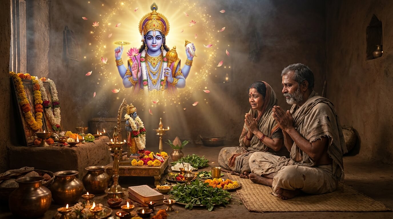 कम्पिल्य नगर के ब्राह्मण सुमेधा और उनकी पत्नी भगवान विष्णु की पूजा करते हुए, परमा एकादशी व्रत कथा