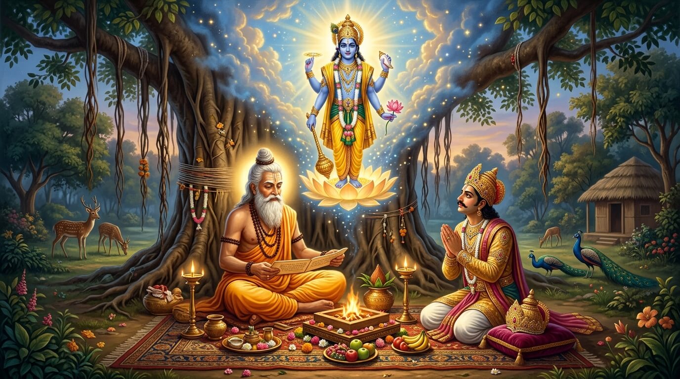 ऋषि अंगिरस वन में राजा मंधाता को पार्श्व एकादशी का व्रत बताते हुए, ऊपर भगवान विष्णु का दिव्य दर्शन, व्रत कथा चित्र