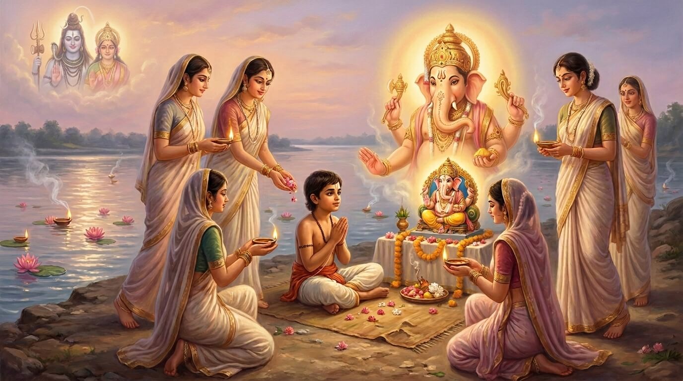 प्रद्युम्न विनायक चतुर्थी व्रत कथा नदी तट पर भगवान गणेश की पूजा करते भक्त, प्रद्युम्न विनायक चतुर्थी व्रत 2026