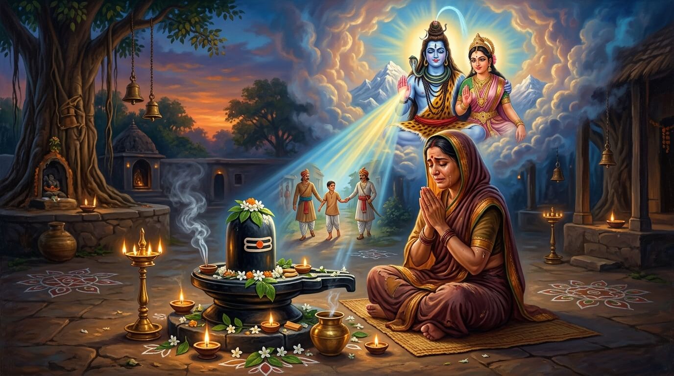रवि प्रदोष व्रत कथा एक साध्वी ब्राह्मणी भगवान शिव के सामने हाथ जोड़कर बैठी है, शिव की दिव्य कृपा से उसके पुत्र की रक्षा होती है, रवि प्रदोष व्रत कथा चित्र