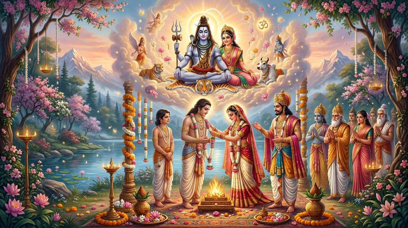 शनि प्रदोष व्रत कथा - धर्मगुप्त और अंशुमति का गंधर्व विवाह धर्मगुप्त और अंशुमति का गंधर्व विवाह, शुचिव्रत साथ खड़े हैं, ऊपर भगवान शिव और माता पार्वती का दिव्य आशीर्वाद, शनि प्रदोष व्रत कथा चित्र