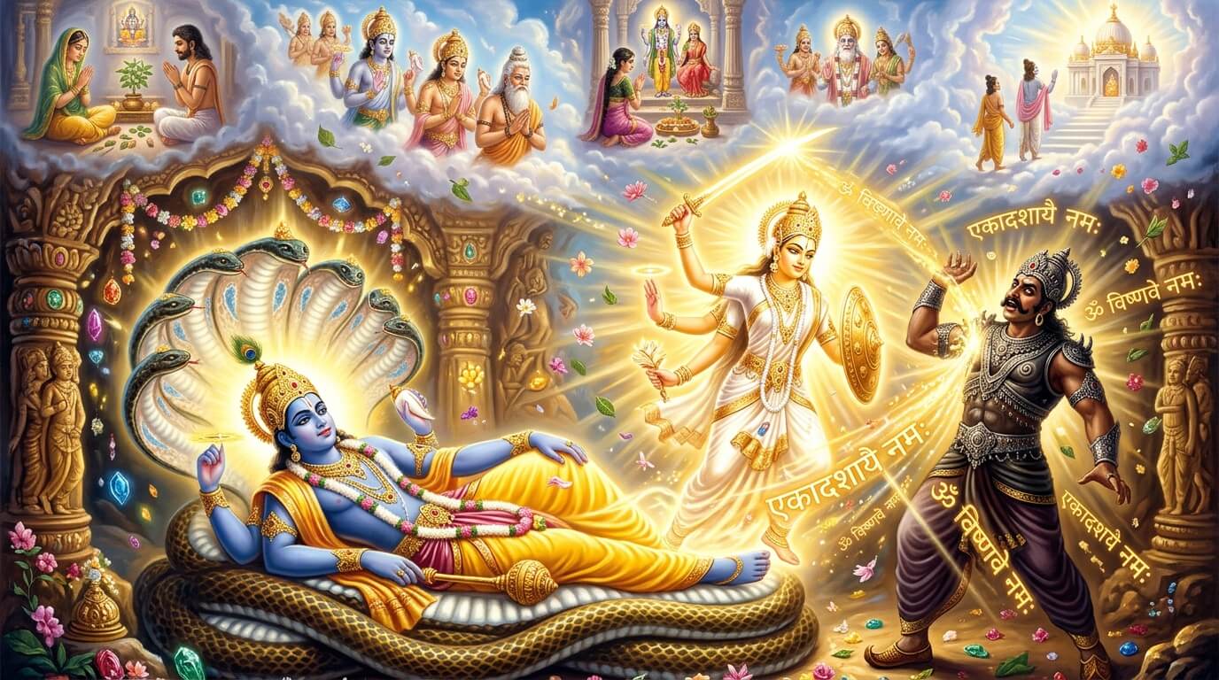 उत्पन्ना एकादशी व्रत कथा - एकादशी देवी का प्राकट्य और मुरासुर वध भगवान विष्णु की योगनिद्रा से एकादशी देवी प्रकट होकर मुरासुर का वध करती हैं, उत्पन्ना एकादशी व्रत कथा चित्र