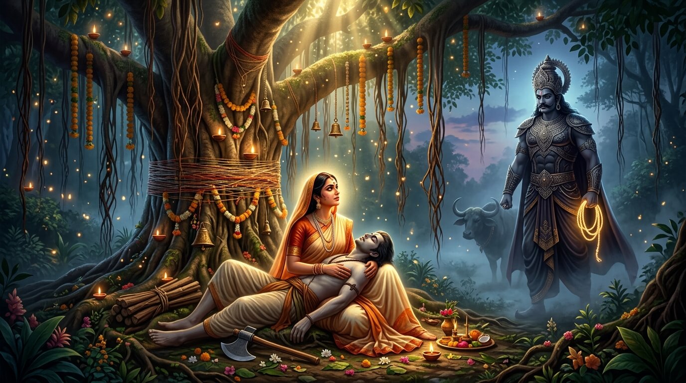 वट सावित्री कथा चित्र - सावित्री की गोद में मूर्छित सत्यवान और सामने आते यमराज