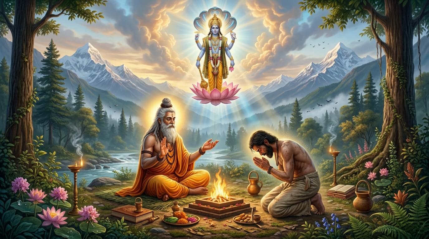 योगिनी एकादशी व्रत कथा - हेममाली और मार्कण्डेय ऋषि का संवाद मार्कण्डेय ऋषि हेममाली को योगिनी एकादशी का महत्व समझाते हुए, ऊपर भगवान विष्णु का दिव्य दर्शन, व्रत कथा चित्र